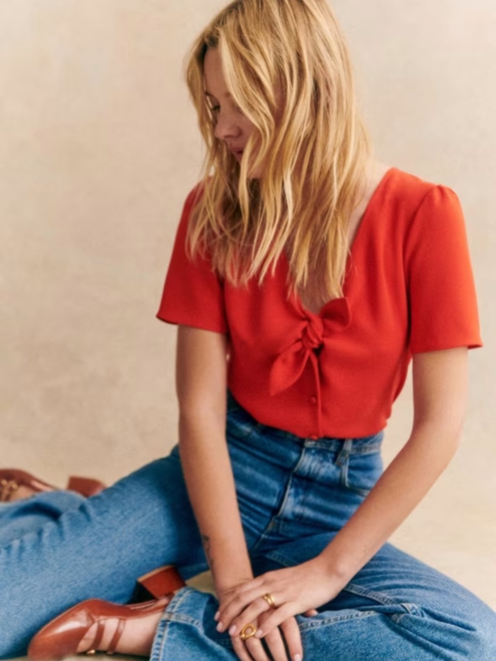 Sézane Eloine Blouse Red | Tie Front Bow | Size 38 / US 6 - Picture 11 of 13